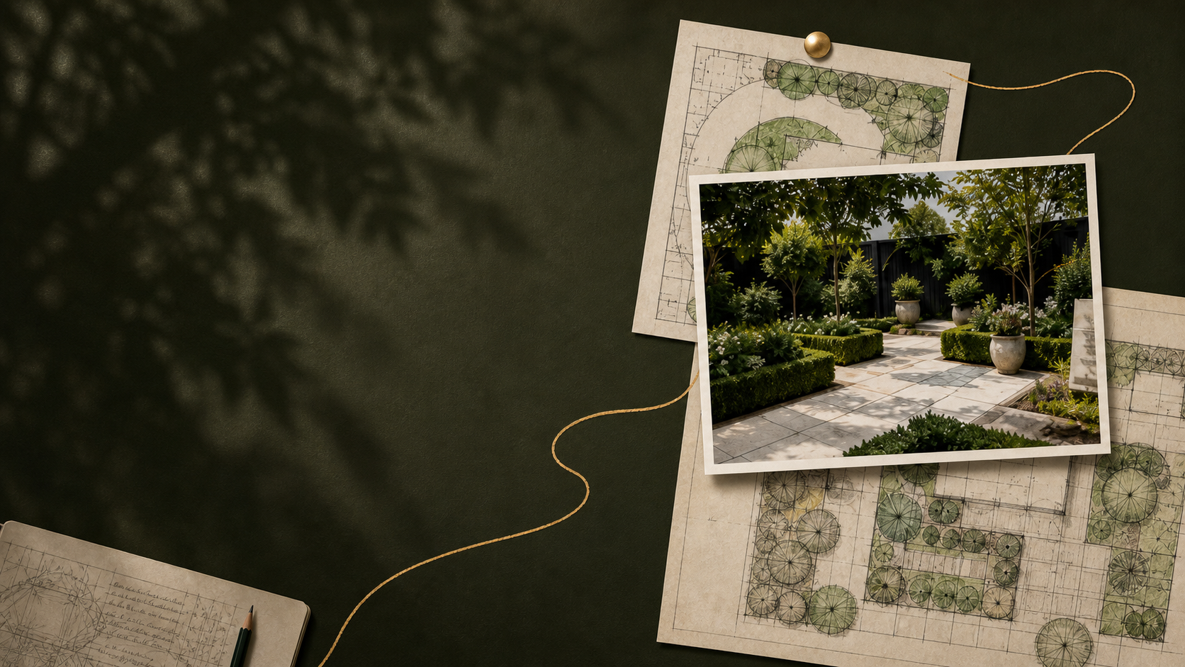 A garden master plan beside a photograph of the finished planting